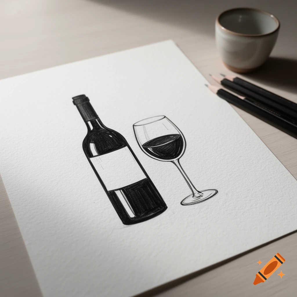 Black and white pencil drawing of a wine bottle and a glass of wine on paper, with pencils and a cup nearby.