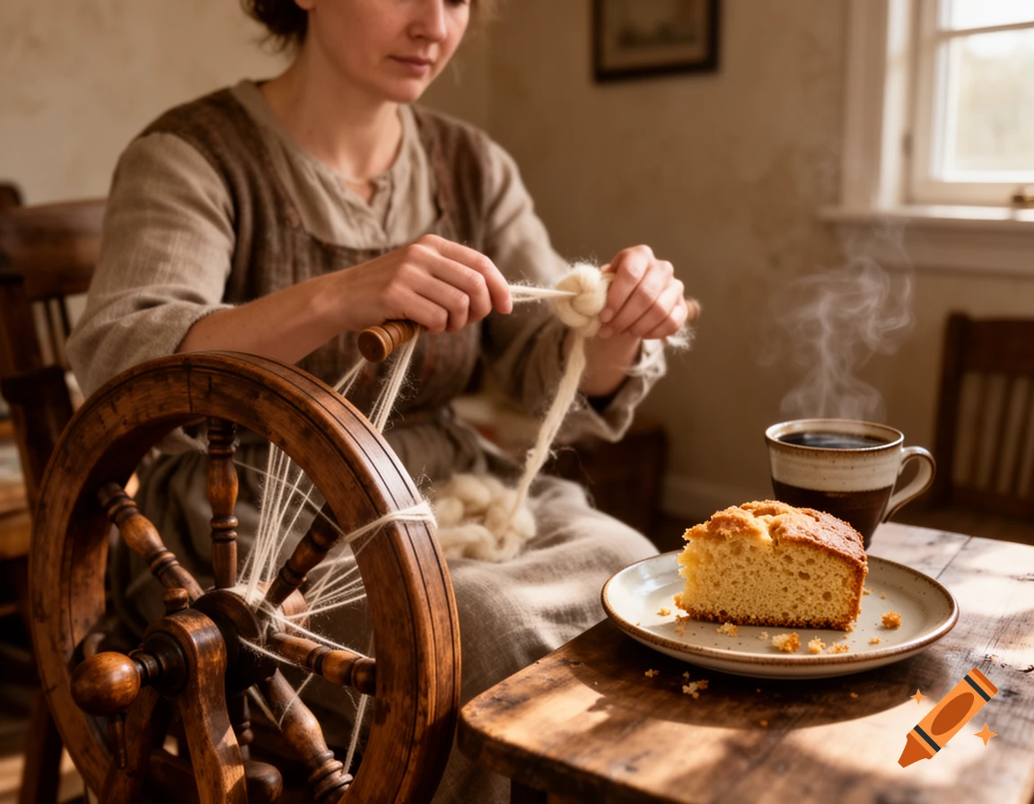 A woman in a rustic setting spinning wool with a spinning wheel, next to a table with a hot cup of coffee and a slice of cake. Photorealistic.