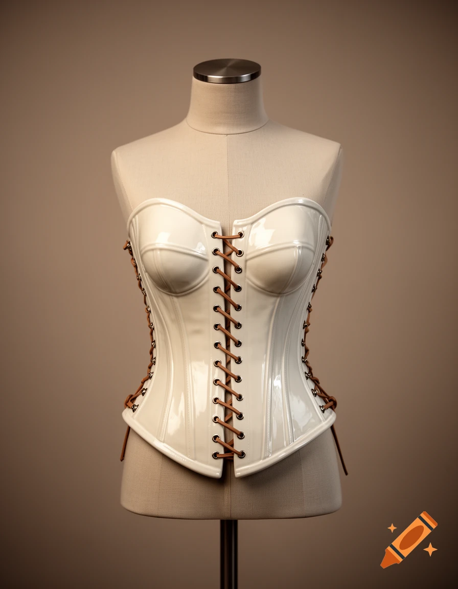 A white glossy corset with brown lacing displayed on a beige mannequin torso, photorealistic.