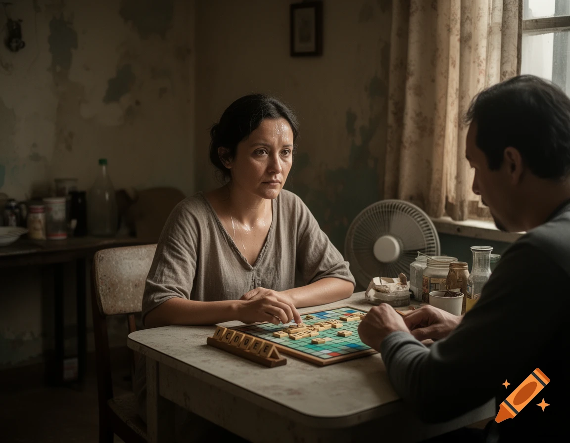 Photorealistic scene of a worried woman and man playing Scrabble at a table in a modest apartment.