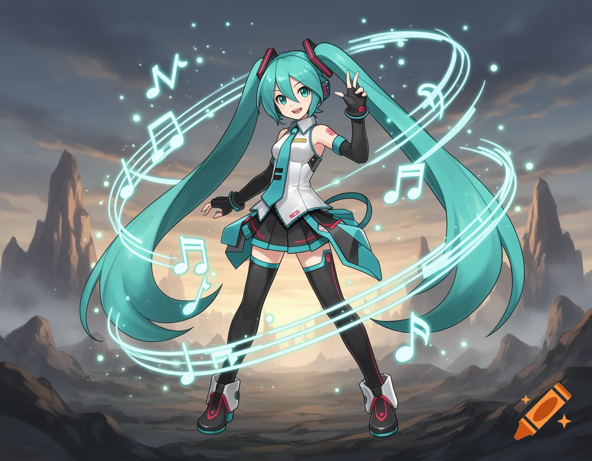 Anime illustration of Hatsune Miku surrounded by glowing musical notes and magical rings, with a rocky landscape background.