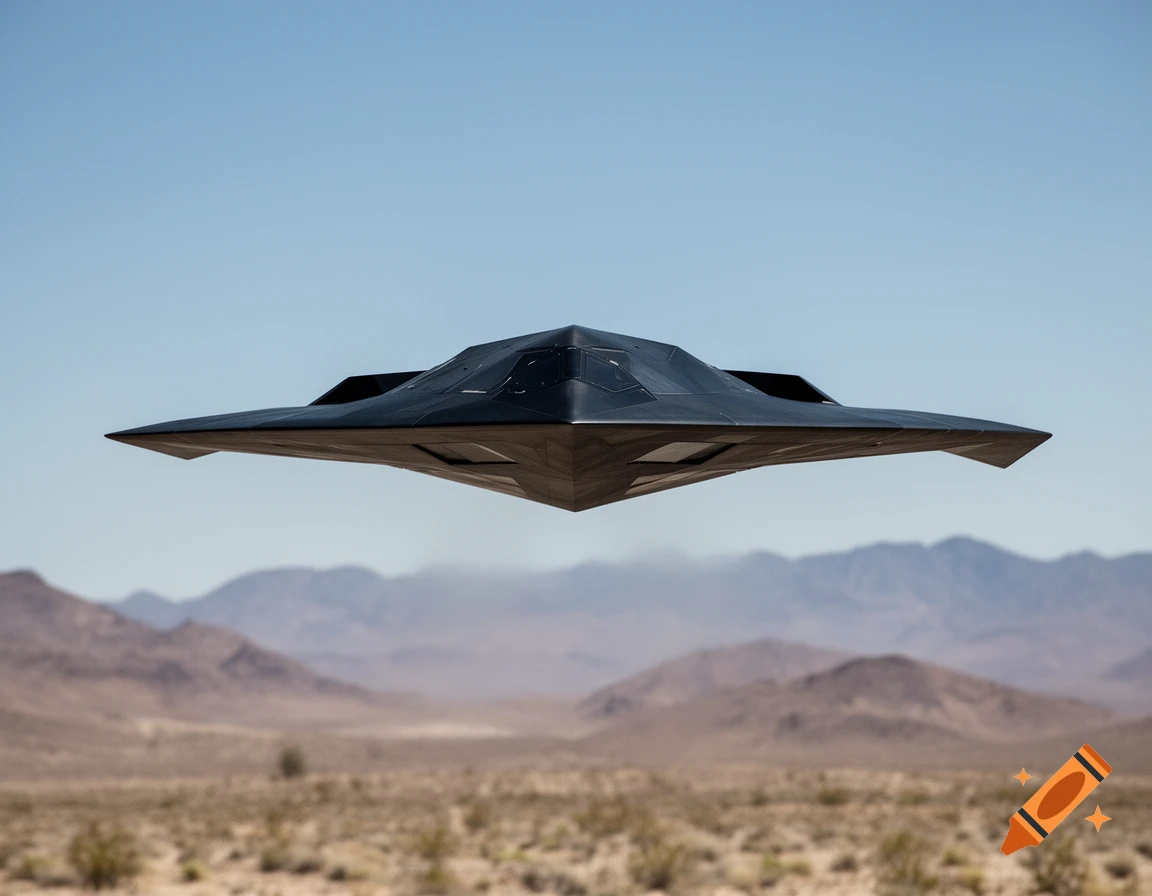 Photorealistic image of a futuristic stealth aircraft flying over a desert landscape with mountains in the background.