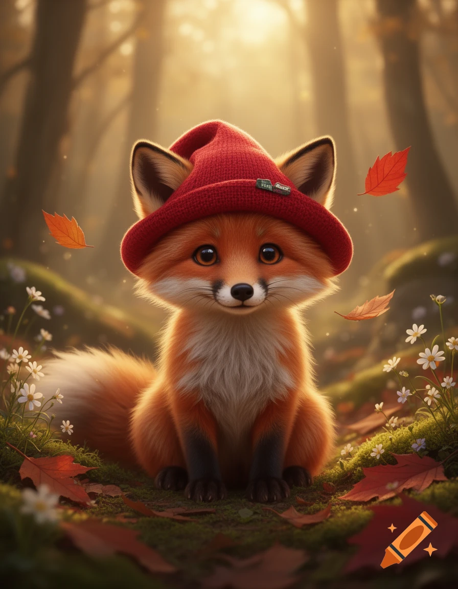 A cute red fox wearing a red winter hat sitting in a forest surrounded by autumn leaves and white flowers.