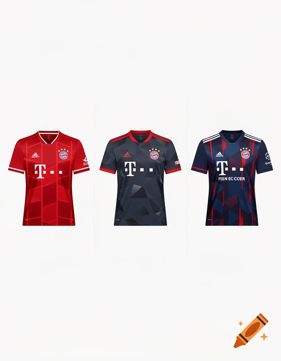 Three FC Bayern Munich soccer jerseys in red, dark gray, and navy blue with geometric patterns against a white background.