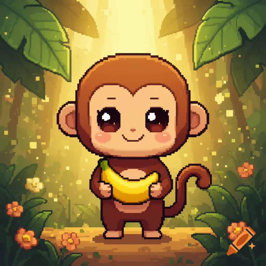 Pixel art of a cute chibi monkey holding a banana in a jungle setting.