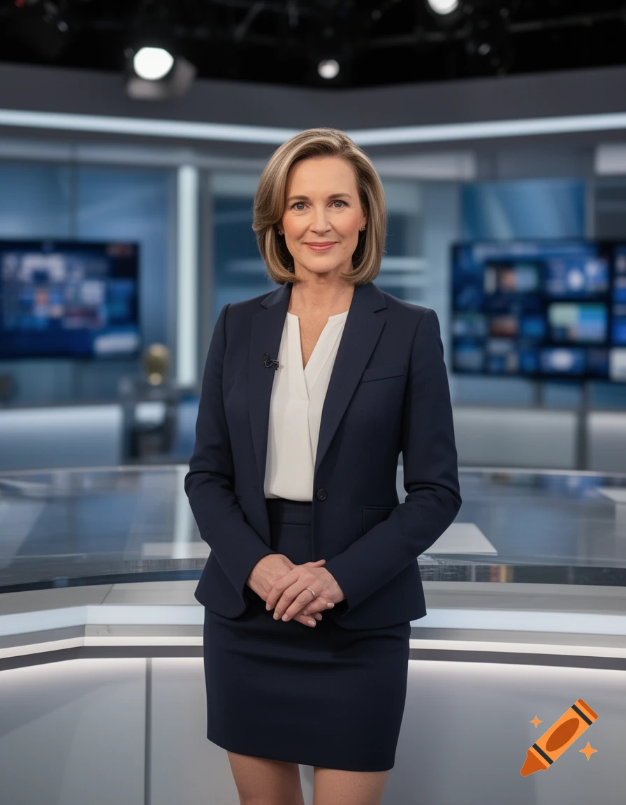 Photorealistic medium shot of a female news anchor in a professional studio setting.