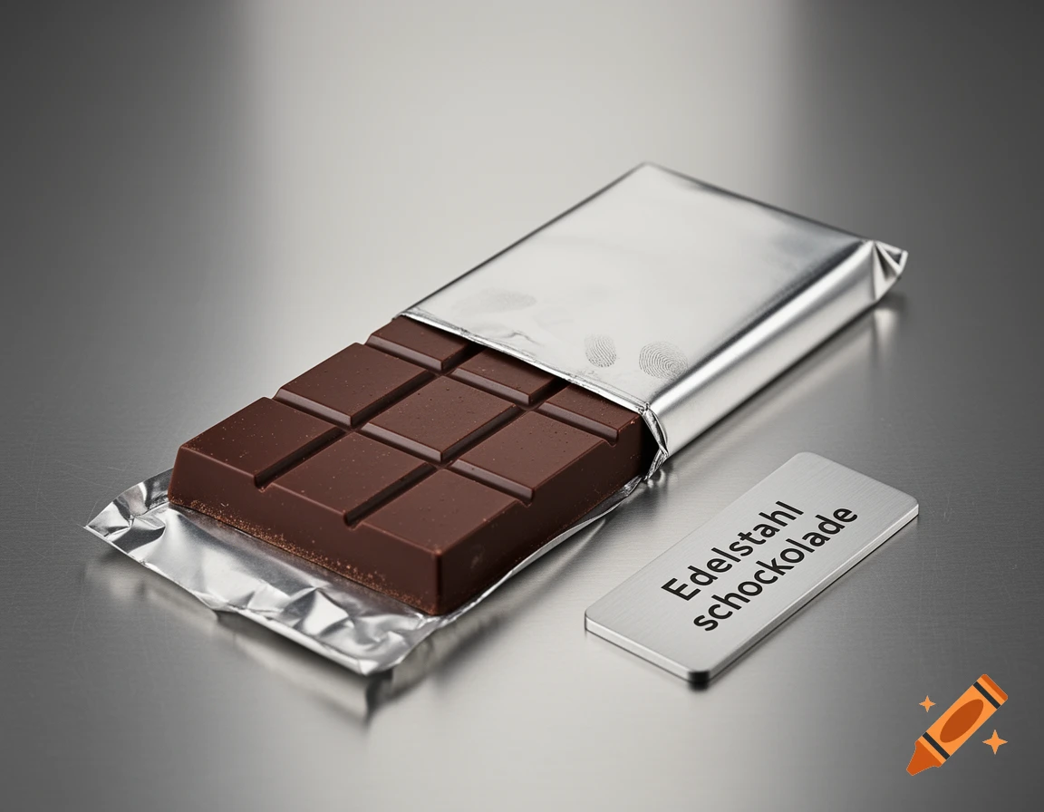 Photorealistic image of a half-unwrapped dark chocolate bar on a metallic surface, accompanied by a small metal plaque with misspelled text.