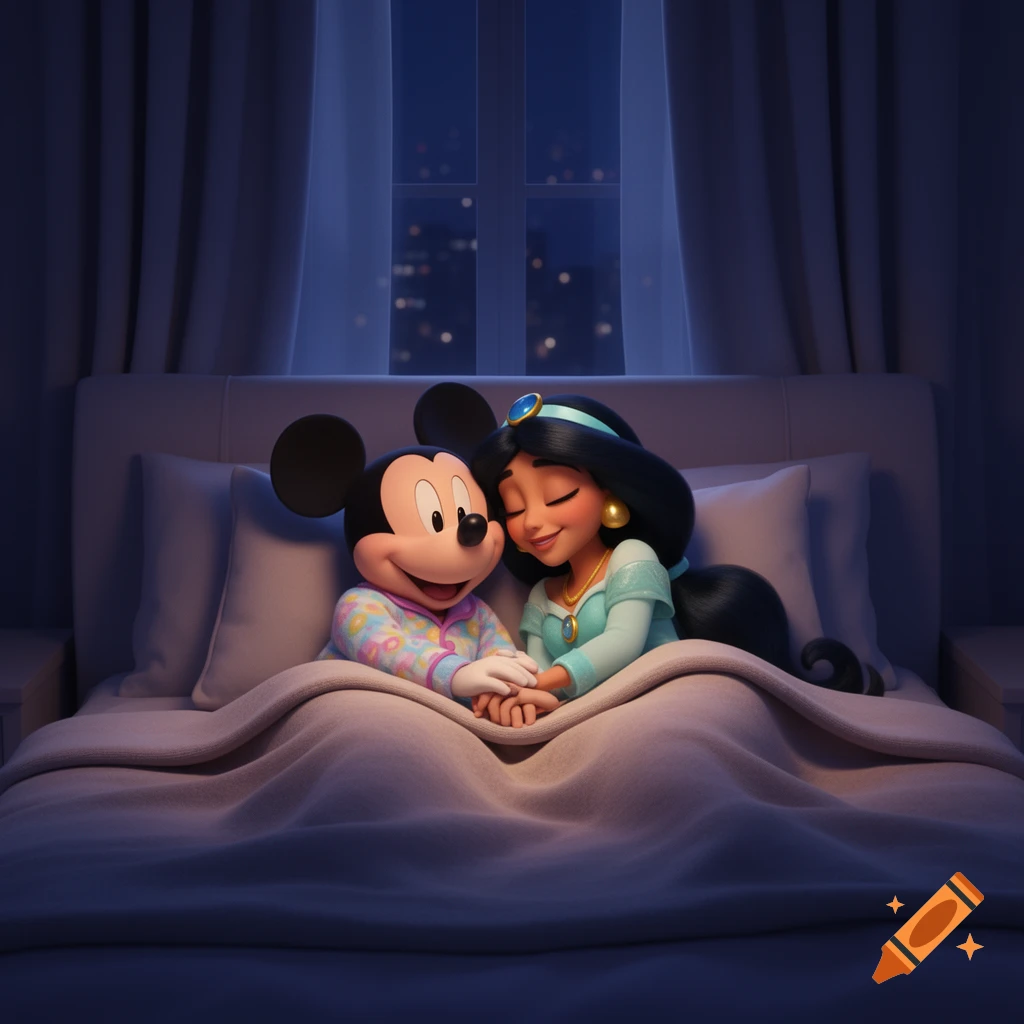 3D animated style image of Mickey Mouse and Princess Jasmine in pajamas, holding hands and smiling while relaxing in bed.