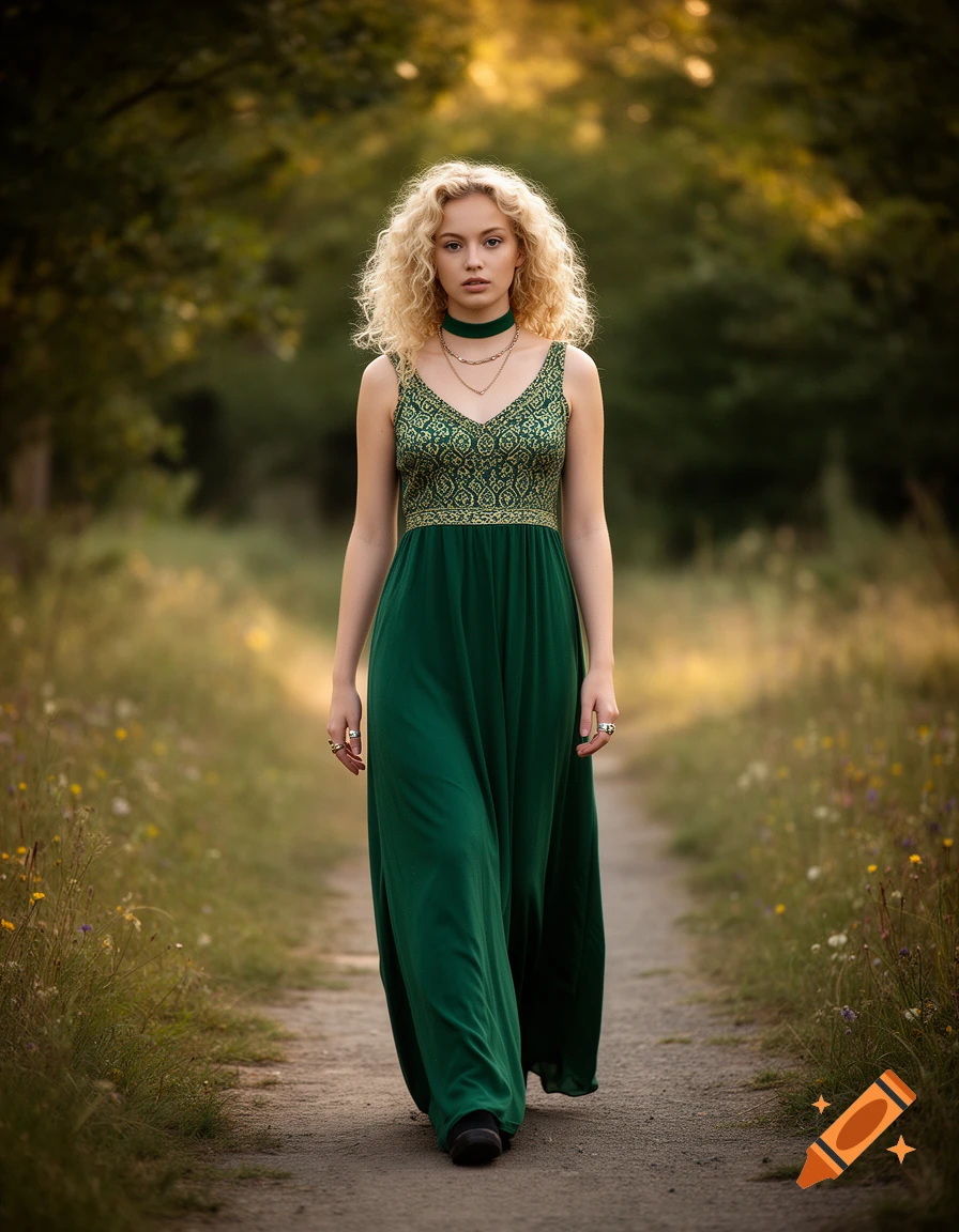 Photorealistic full-body portrait of a young blonde woman with curly hair walking along a dirt path in a forest, wearing a long green dress.