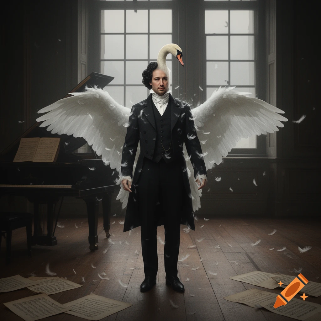 A surreal photorealistic portrait of a man in a black historical suit with a swan head and large white wings, standing in a room with a piano.