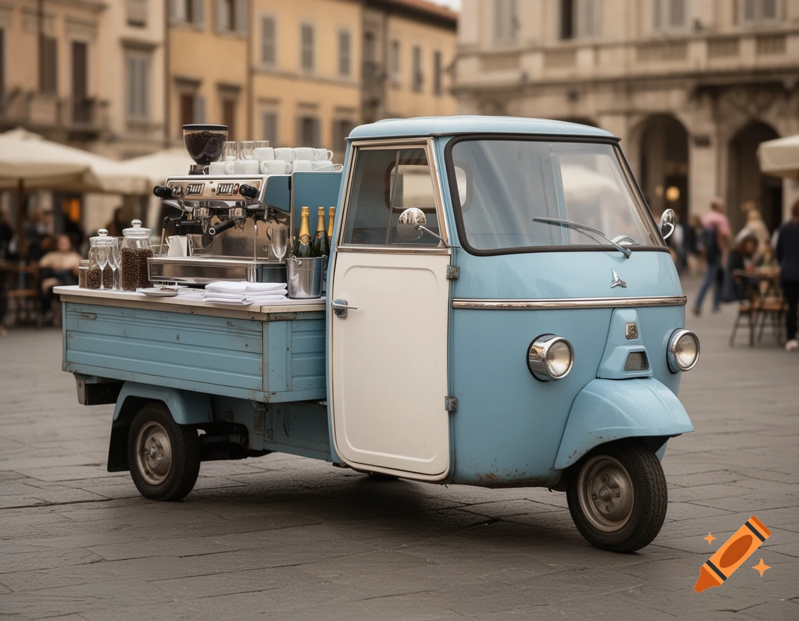 Photorealistic image of a light blue and white Piaggio Ape converted into a mobile coffee and champagne bar in an Italian town square.