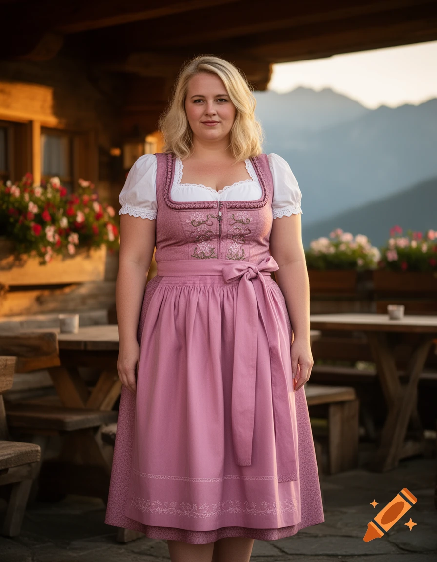 Photorealistic portrait of a woman wearing a pink dirndl standing outdoors near a rustic building with mountains in the background.
