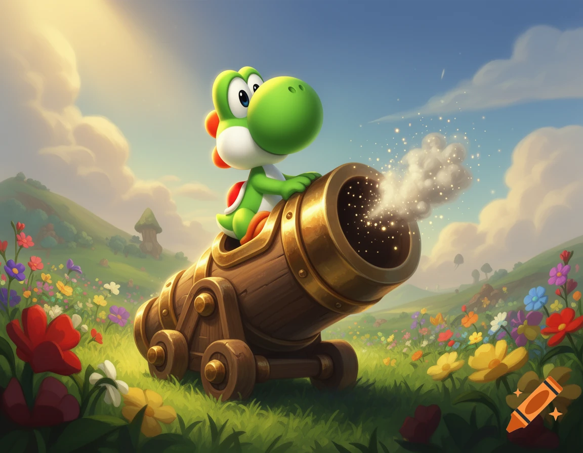 Digital illustration of a green dinosaur sitting inside a wooden cannon in a vibrant flower-filled meadow under a sunny sky.