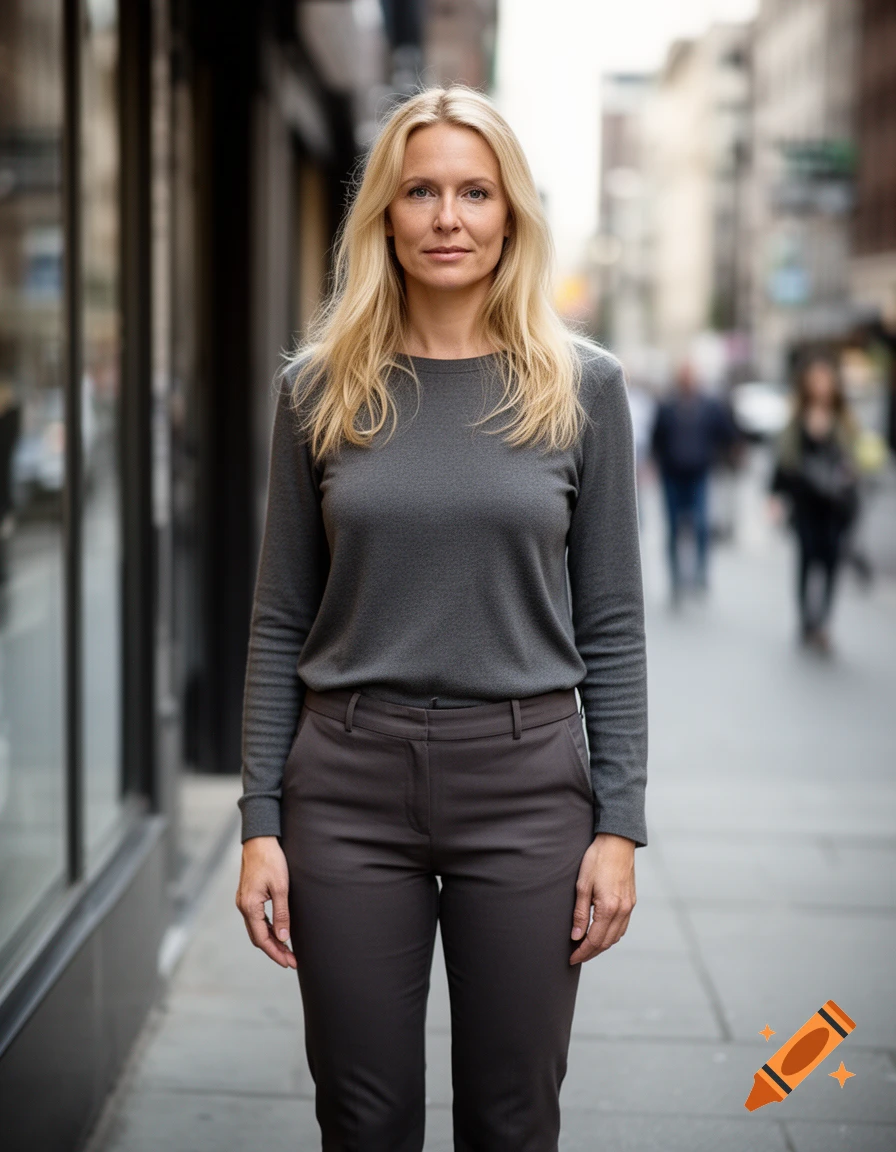 Photorealistic full-body portrait of a tall blonde woman standing on a city sidewalk wearing a grey sweater and dark trousers.