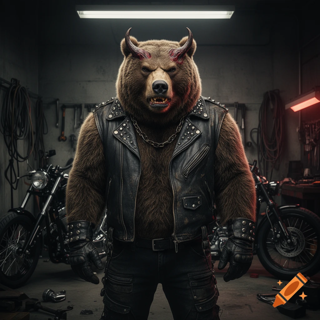 Photorealistic image of an angry grizzly bear with demon horns wearing a leather biker vest and gloves inside a dimly lit garage with motorcycles.