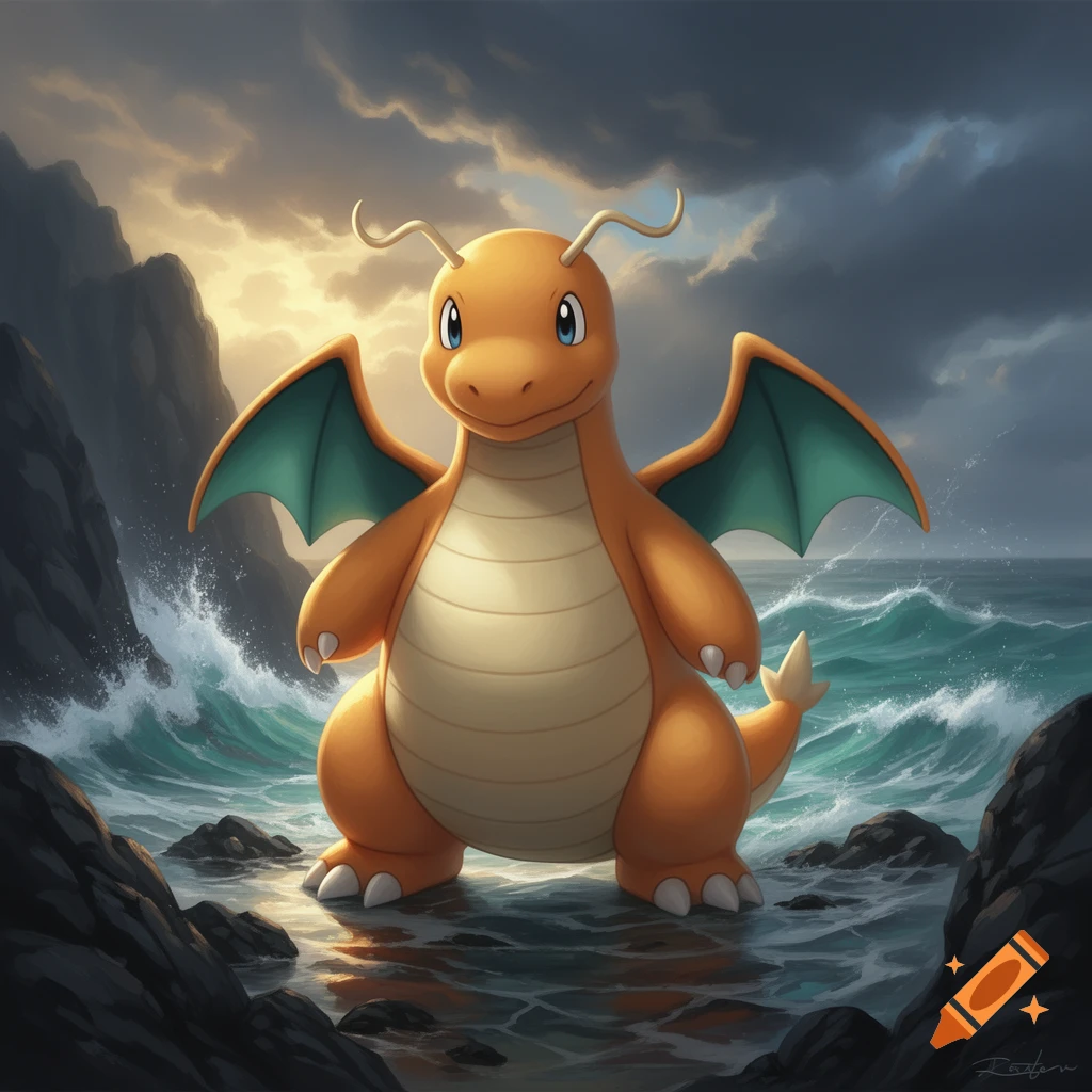 Dragonite standing on rocky shore with ocean waves in background, digital art style