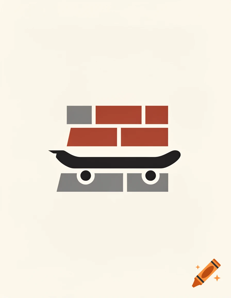 Minimalist graphic illustration of a skateboard sandwiched between abstract brick shapes on a cream background.