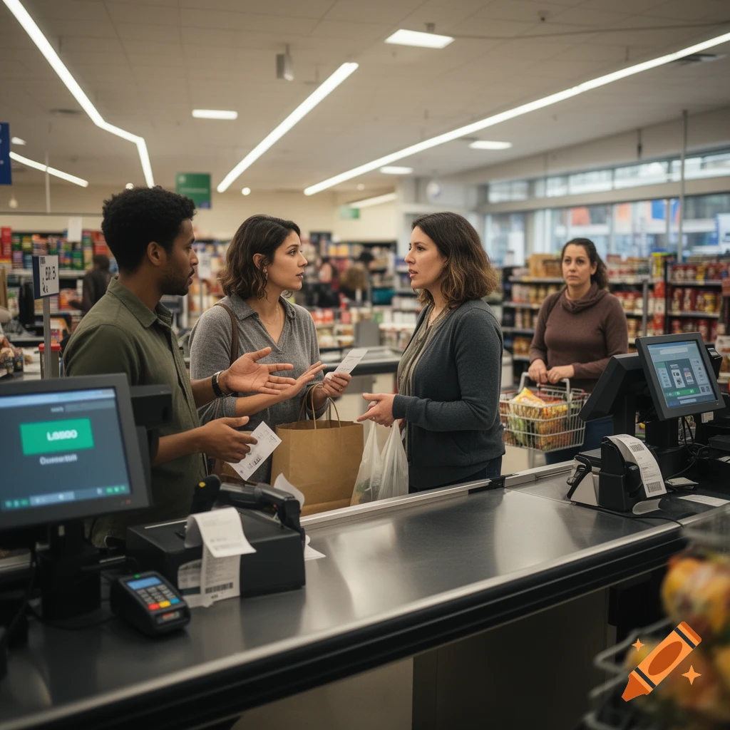 Photorealistic scene of three people talking near a checkout counter in a supermarket.