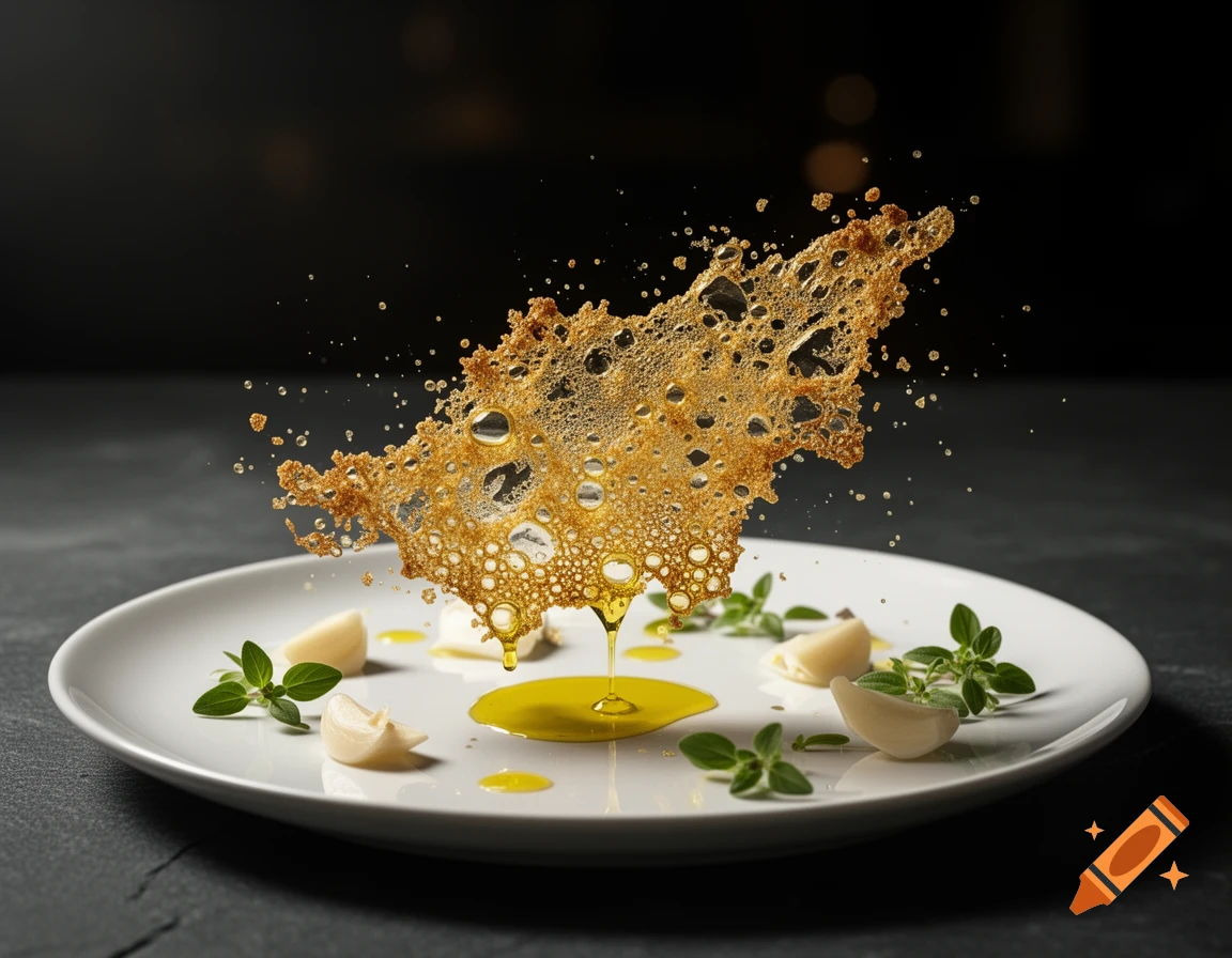 Conceptual food photography of a crispy golden crust floating on a white plate with garlic and oregano.