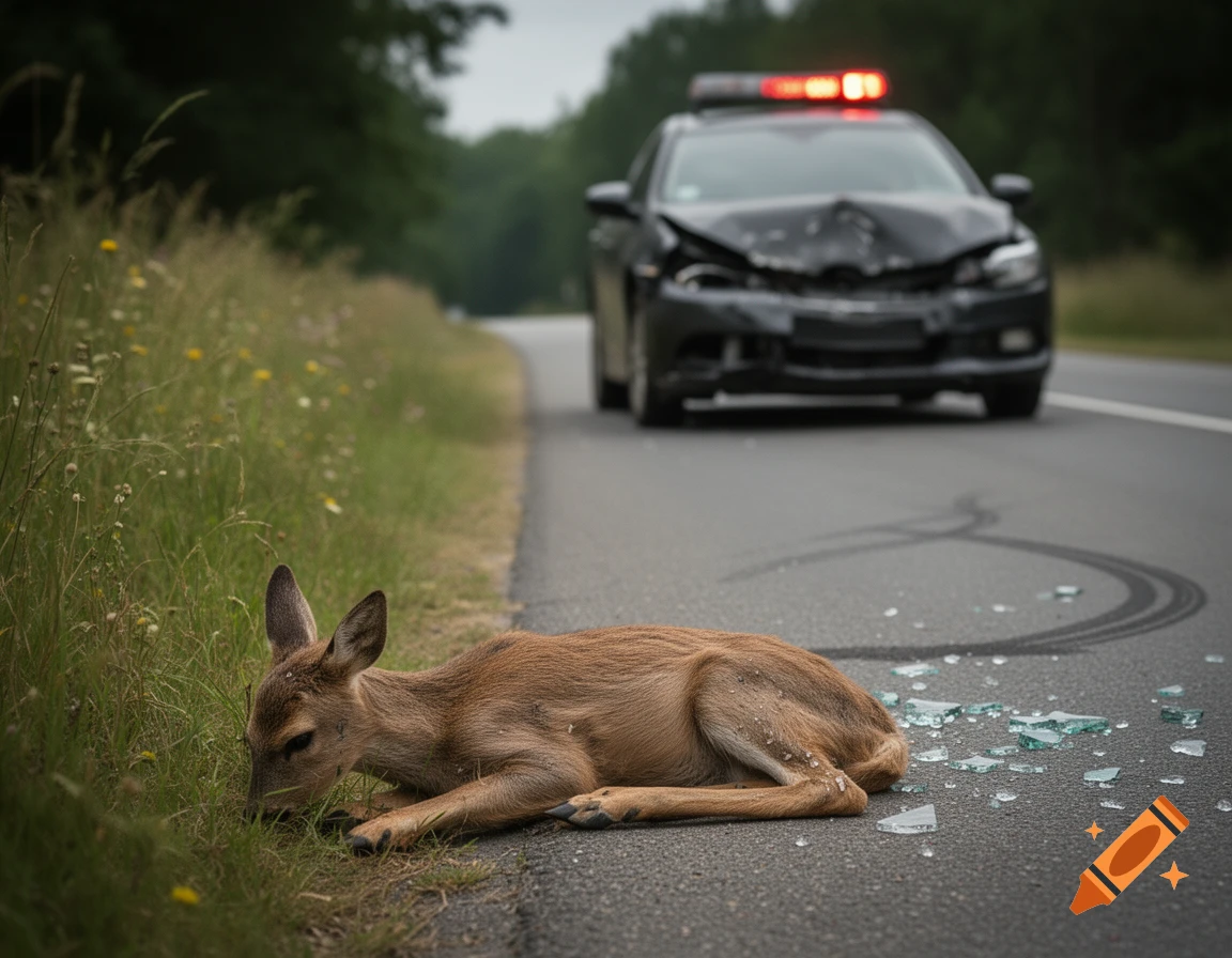 Photorealistic image of a fawn lying on the side of a road near grass, with a damaged police car and scattered glass in the background.