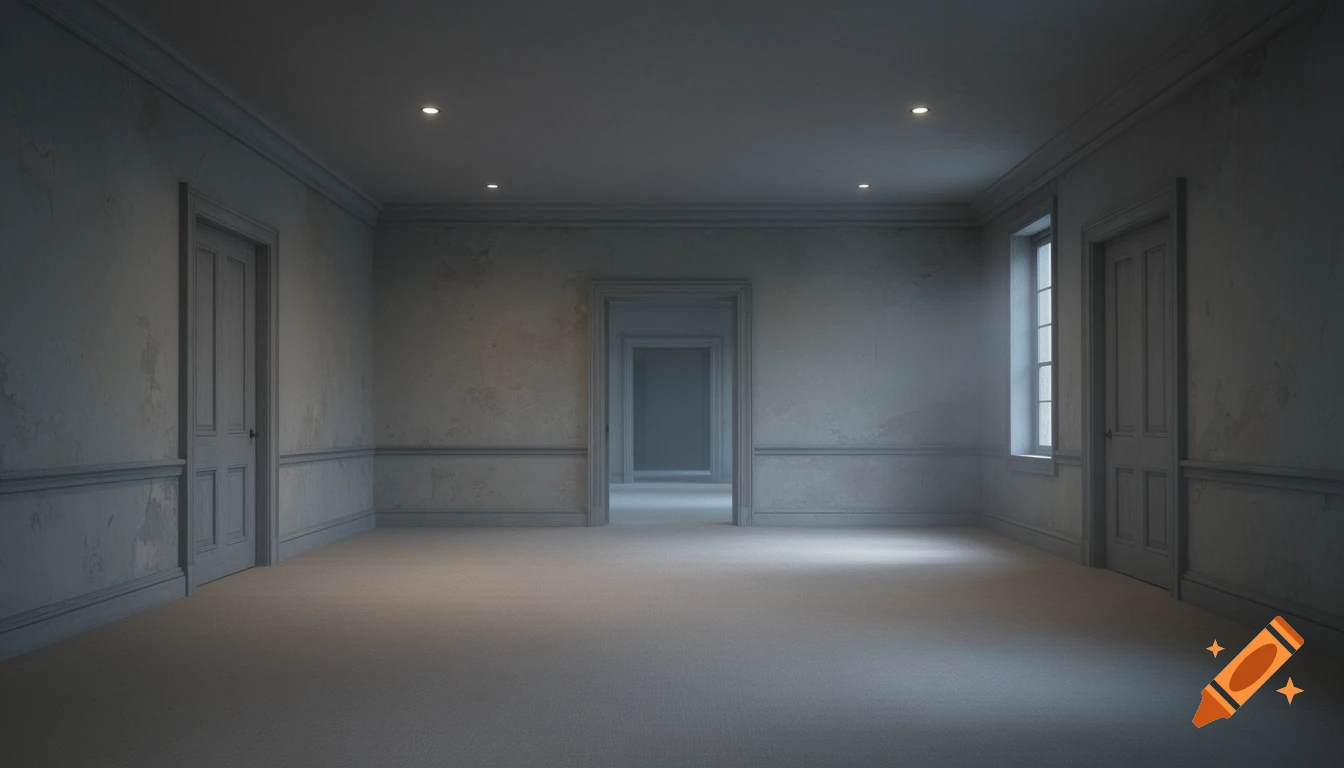 Dimly lit empty hallway with multiple interconnected doors and a window, photorealistic liminal space.