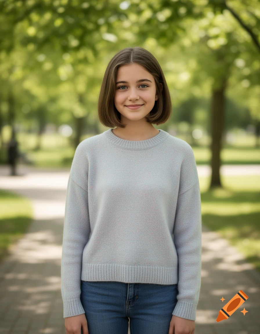 Photorealistic portrait of a smiling teenage girl with short brown hair wearing a light blue sweater in a park.