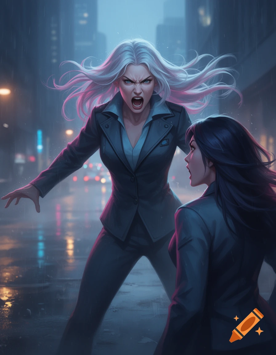 An angry woman with white hair yelling at a black-haired woman in a city street at night, digital art style.