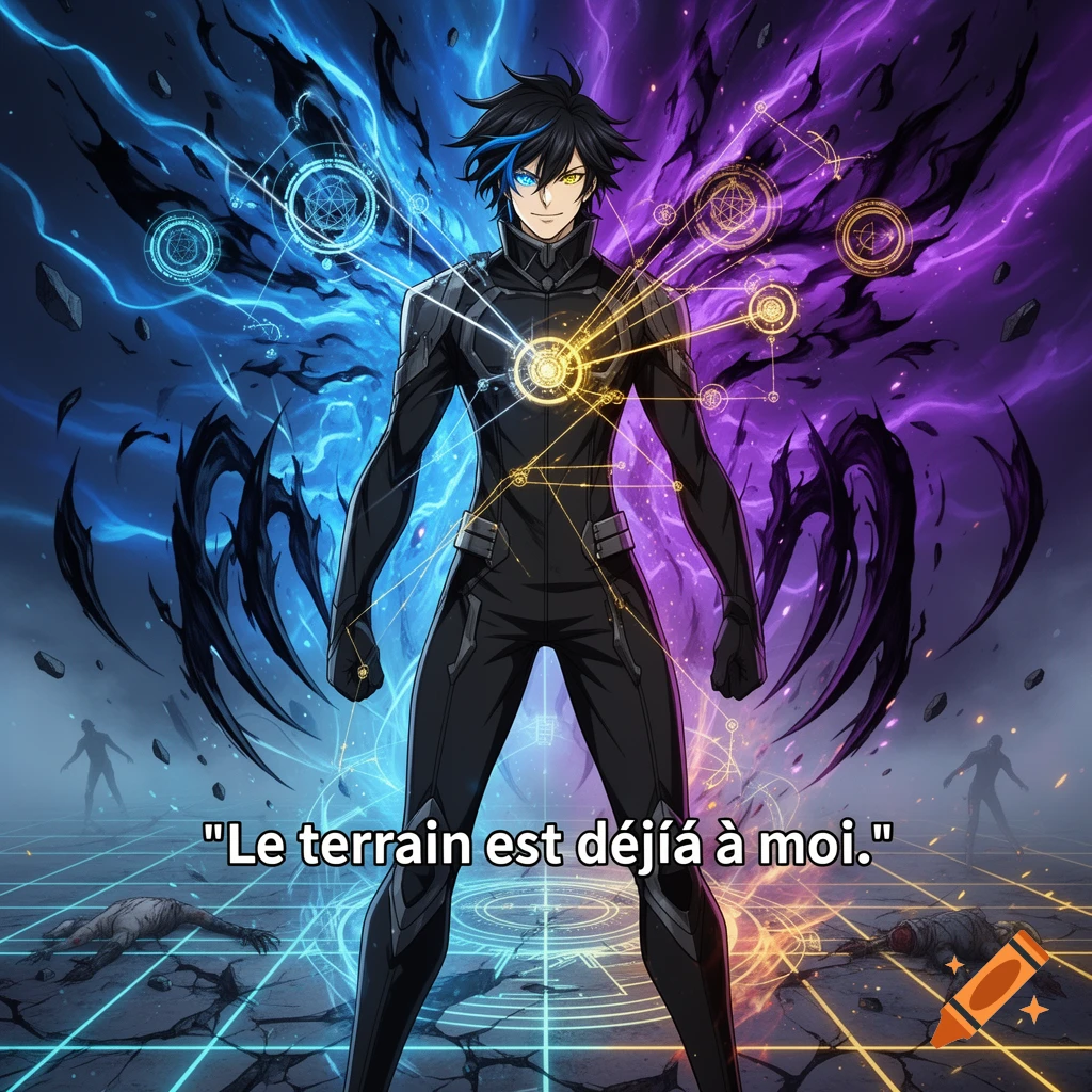 Anime style illustration of a male character with blue and gold eyes, surrounded by blue and purple magical energy and aura, with a quote at the bottom.