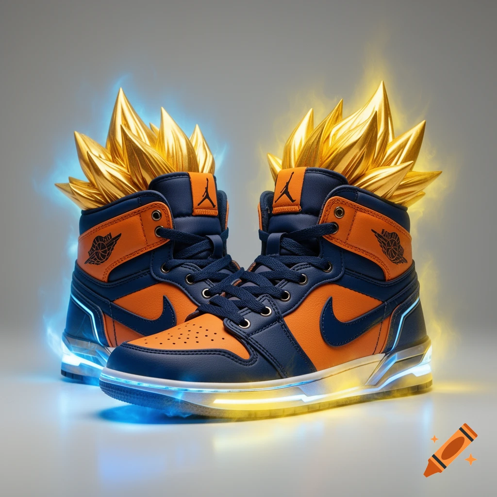 Futuristic high-top sneakers with orange and blue leather panels, golden spiky hair accents, and a glowing aura, product photography.
