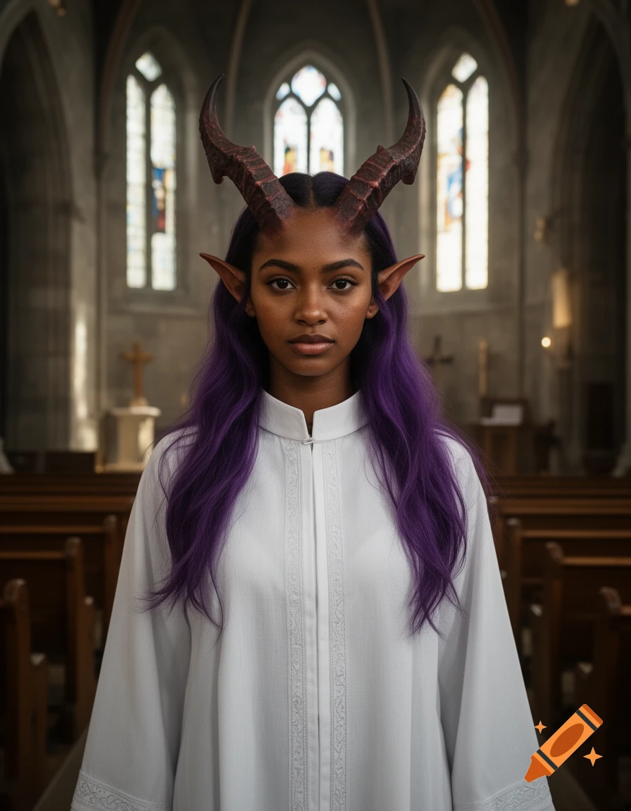 Photorealistic portrait of a tiefling girl with brown skin, long purple hair, horns, and elf ears, wearing white clerical robes inside a church.