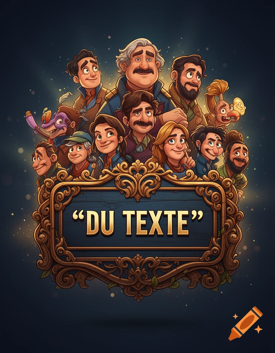 Animated cartoon style poster featuring a group of diverse characters surrounding a decorative wooden sign with French text.
