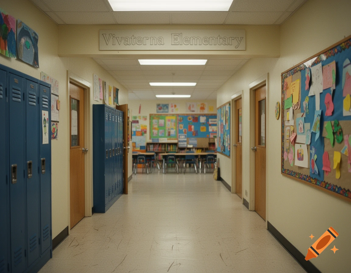 Photorealistic shot of a small, narrow elementary school hallway with blue lockers, wooden doors, and a sign reading Vivaterra Elementary.