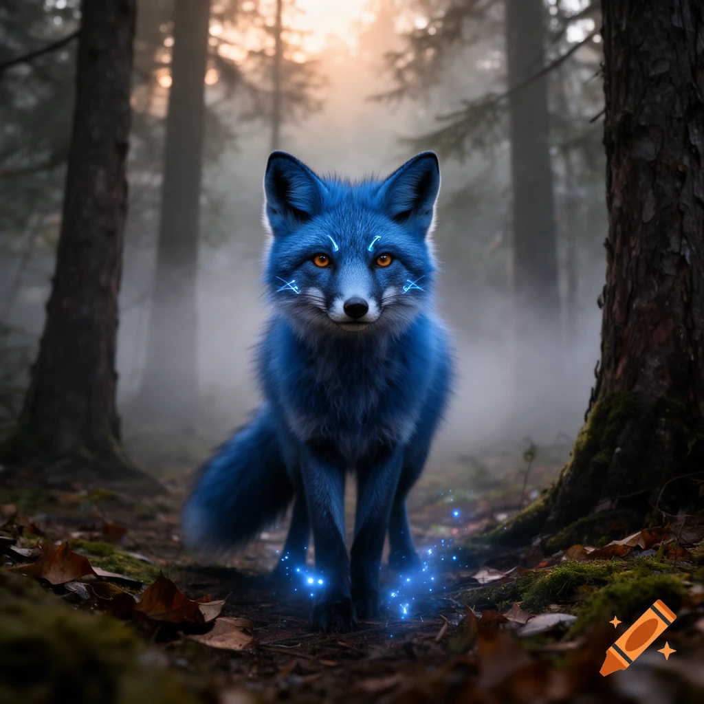 A mystical blue fox with glowing orange eyes and magical blue sparks standing in a foggy forest.