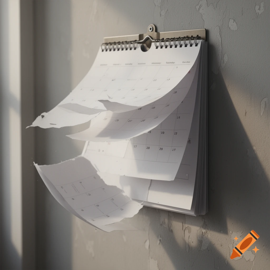 Photorealistic wall calendar with torn pages fluttering in the wind against a textured wall.