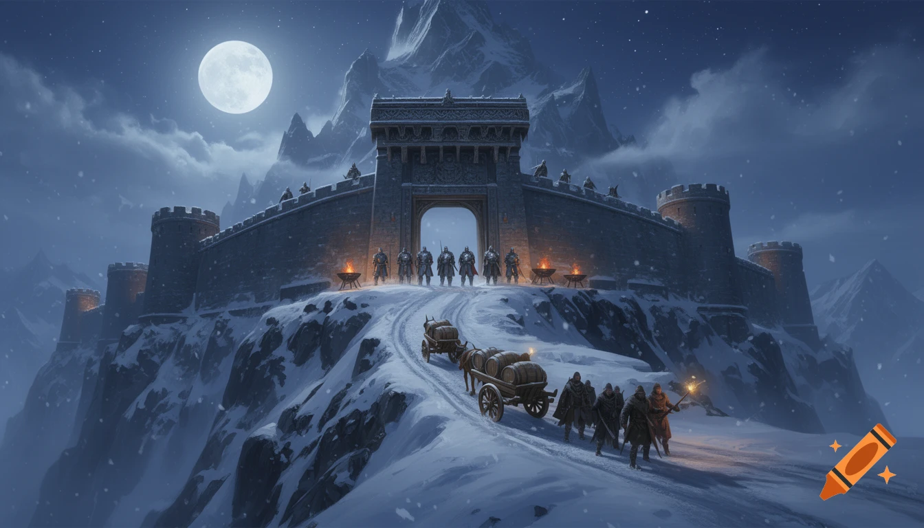 Digital illustration of a large stone fortress perched on a snowy mountain under a full moon, with ox carts arriving at the gate.