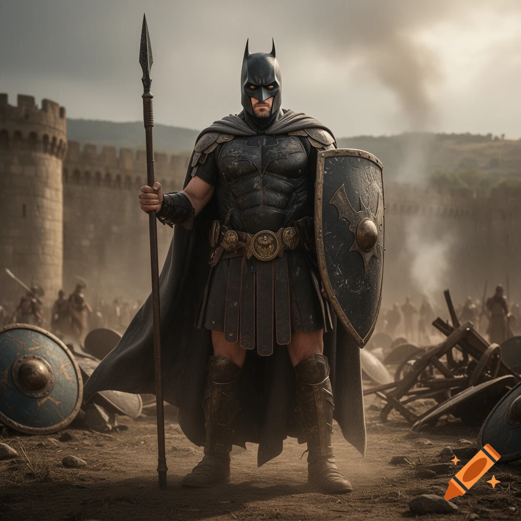 Photorealistic image of Batman in ancient Greek hoplite armor holding a spear and shield on a battlefield near a castle.