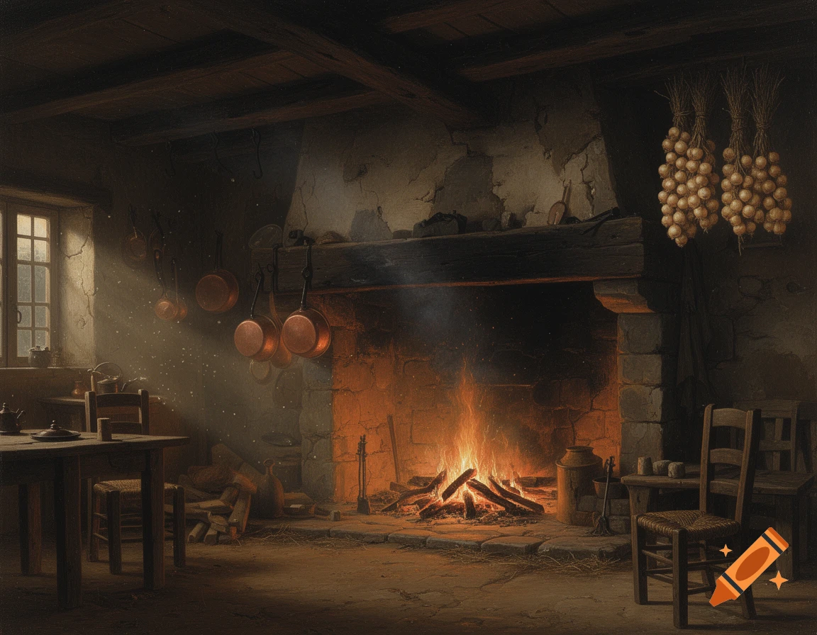 Realistic 18th-century painting of a rustic peasant kitchen with a large stone fireplace, hanging copper pots, and a bundle of onions.
