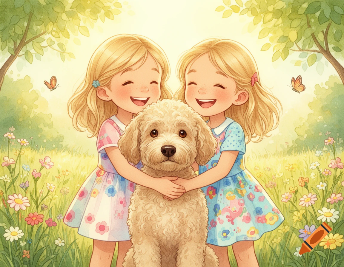 Children's book illustration of two smiling blonde girls hugging a fluffy labradoodle dog in a sunny meadow.