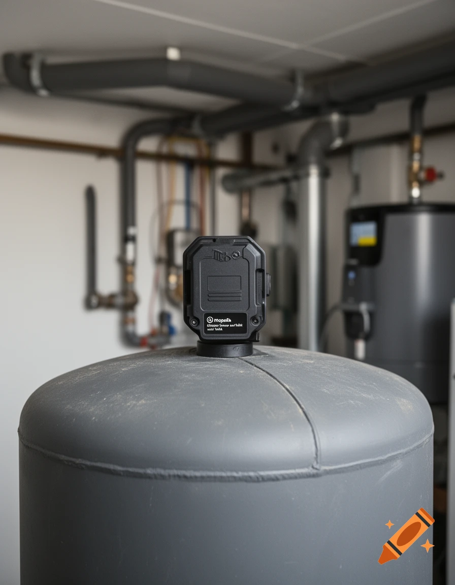 Mopeka check pro water sensor mounted on a grey tank in a mechanical room with pipes in the background, photorealistic.