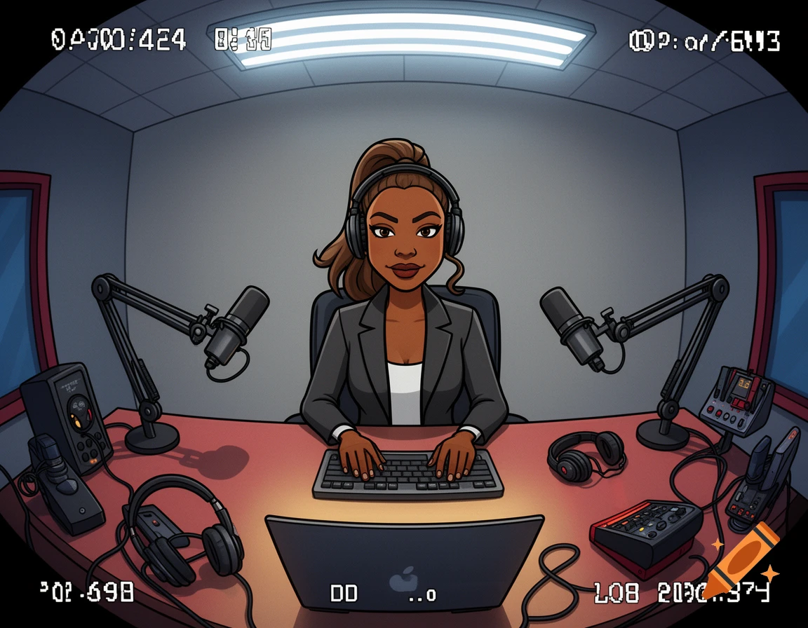 Cartoon surveillance photo of a woman with a ponytail sitting at a podcasting desk with microphones and equipment.