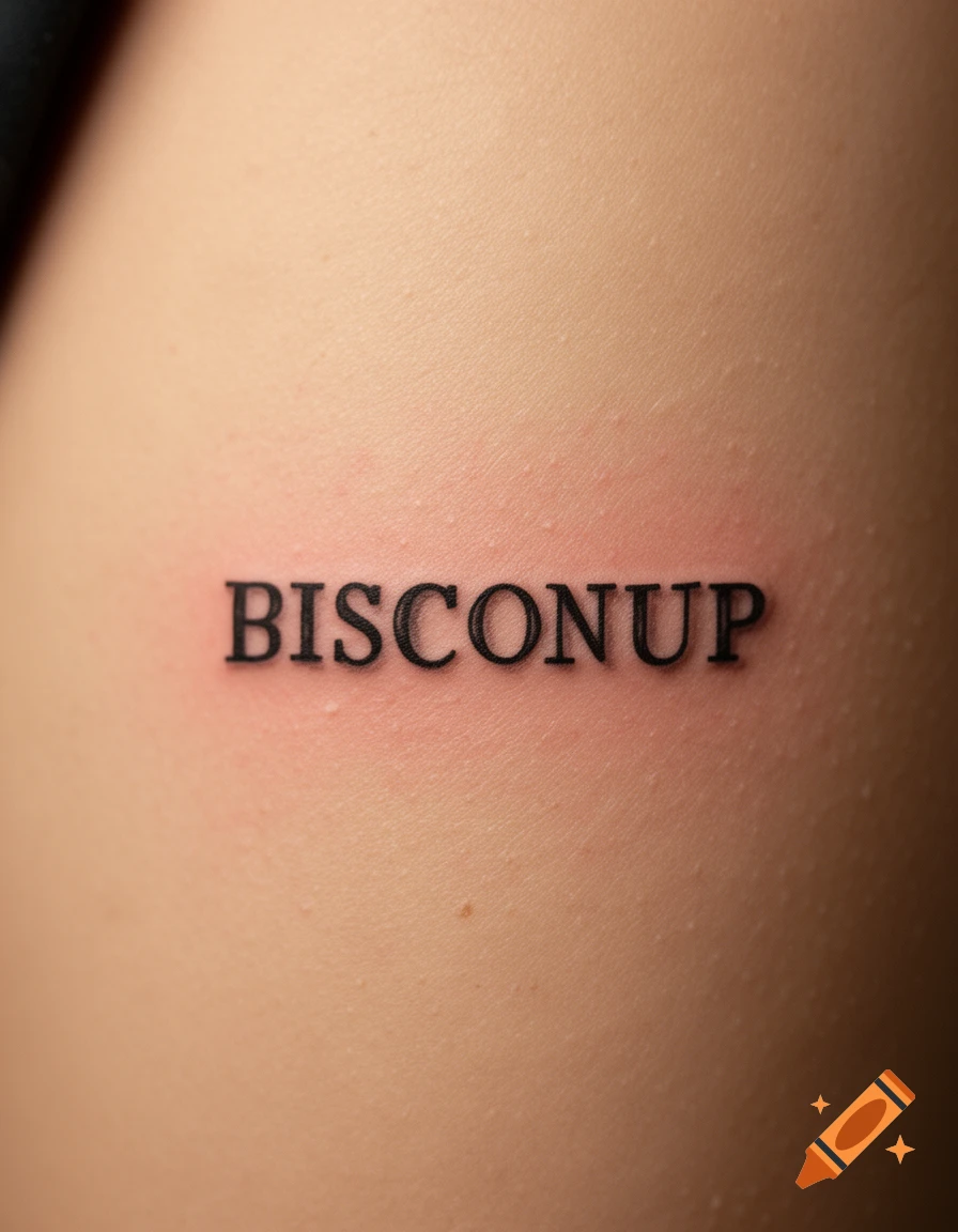 Close-up photograph of black ink tattoo on skin that reads BISCONUP in a serif font.