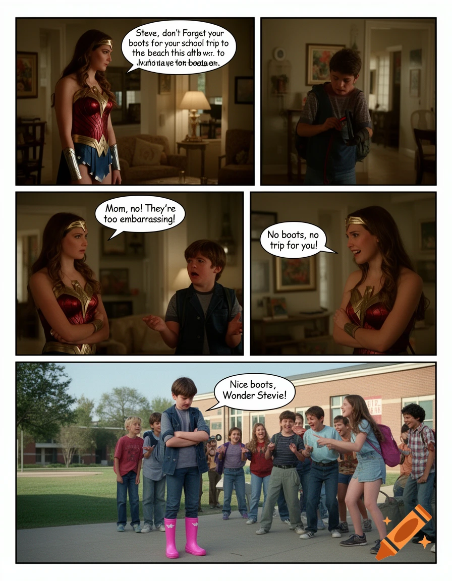 A comic strip showing Diana Prince telling her son Steve to wear pink Wonder Woman boots to school, where he gets teased.