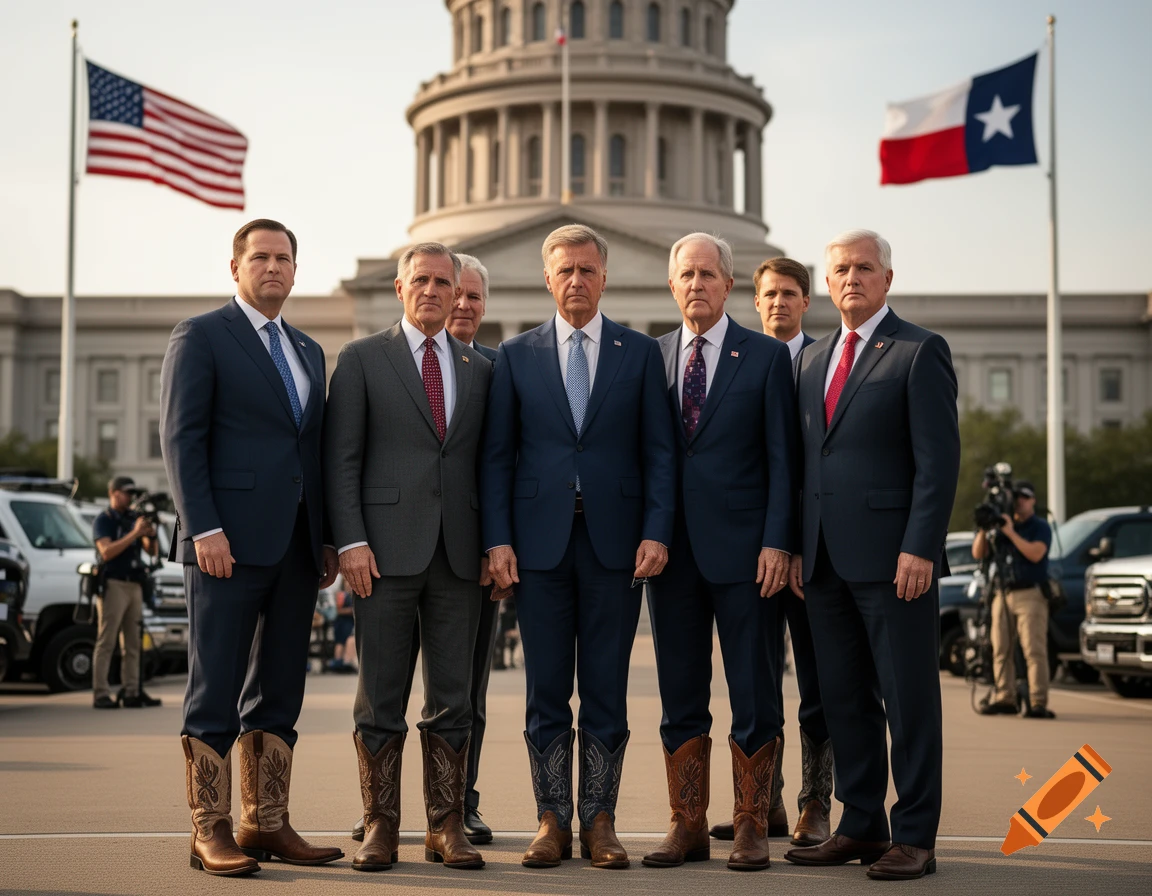 Photorealistic group portrait of male politicians wearing suits and cowboy boots in front of a government building with flags.
