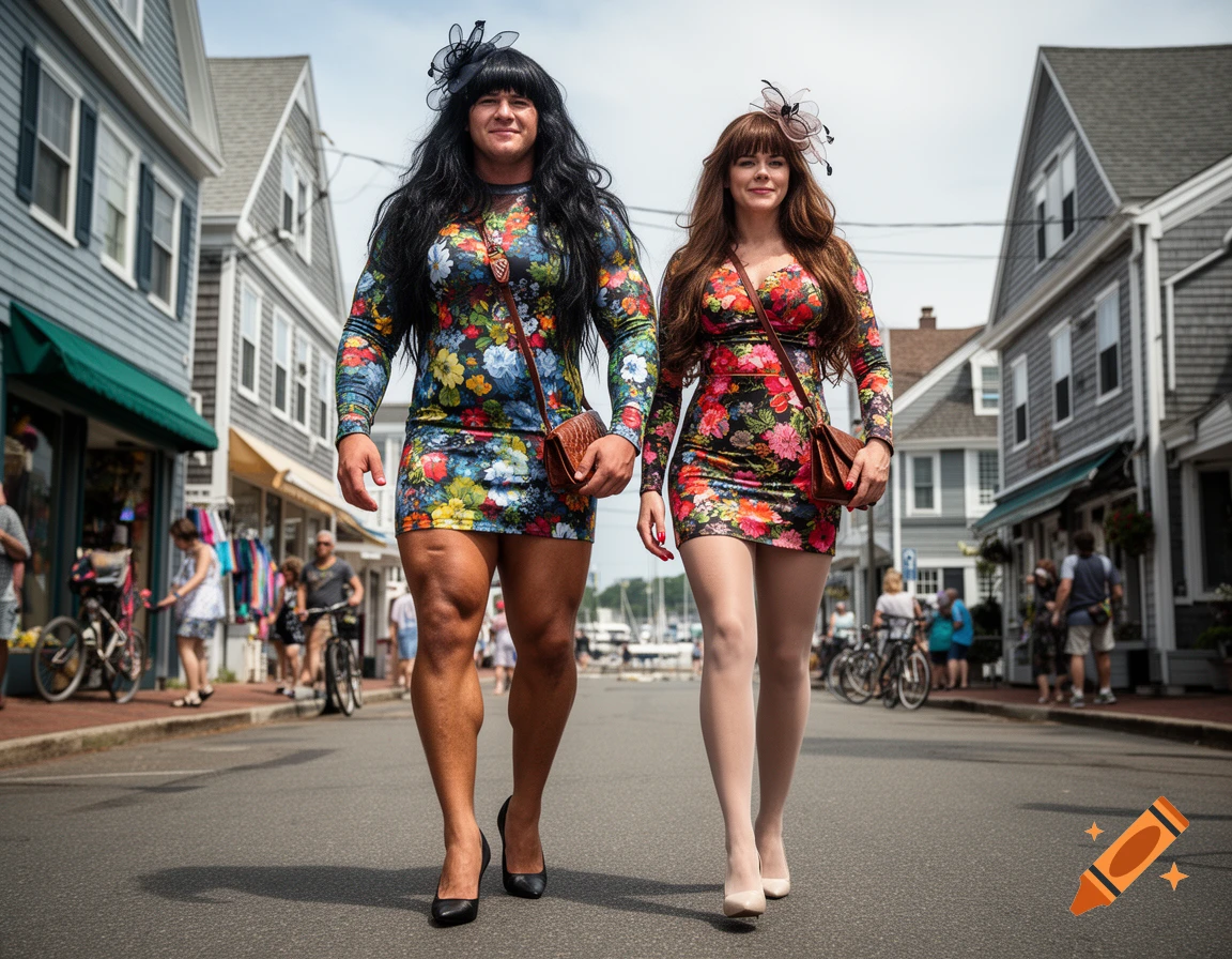 Realistic photo of two muscular men wearing floral mini dresses, wigs, and heels strutting down a street in Provincetown.
