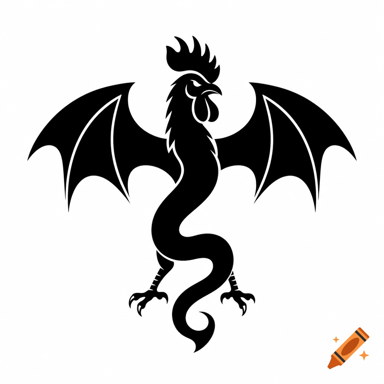 Black stylized logo of a mythological creature with a rooster's head and legs, bat wings, and a snake's body on a white background.