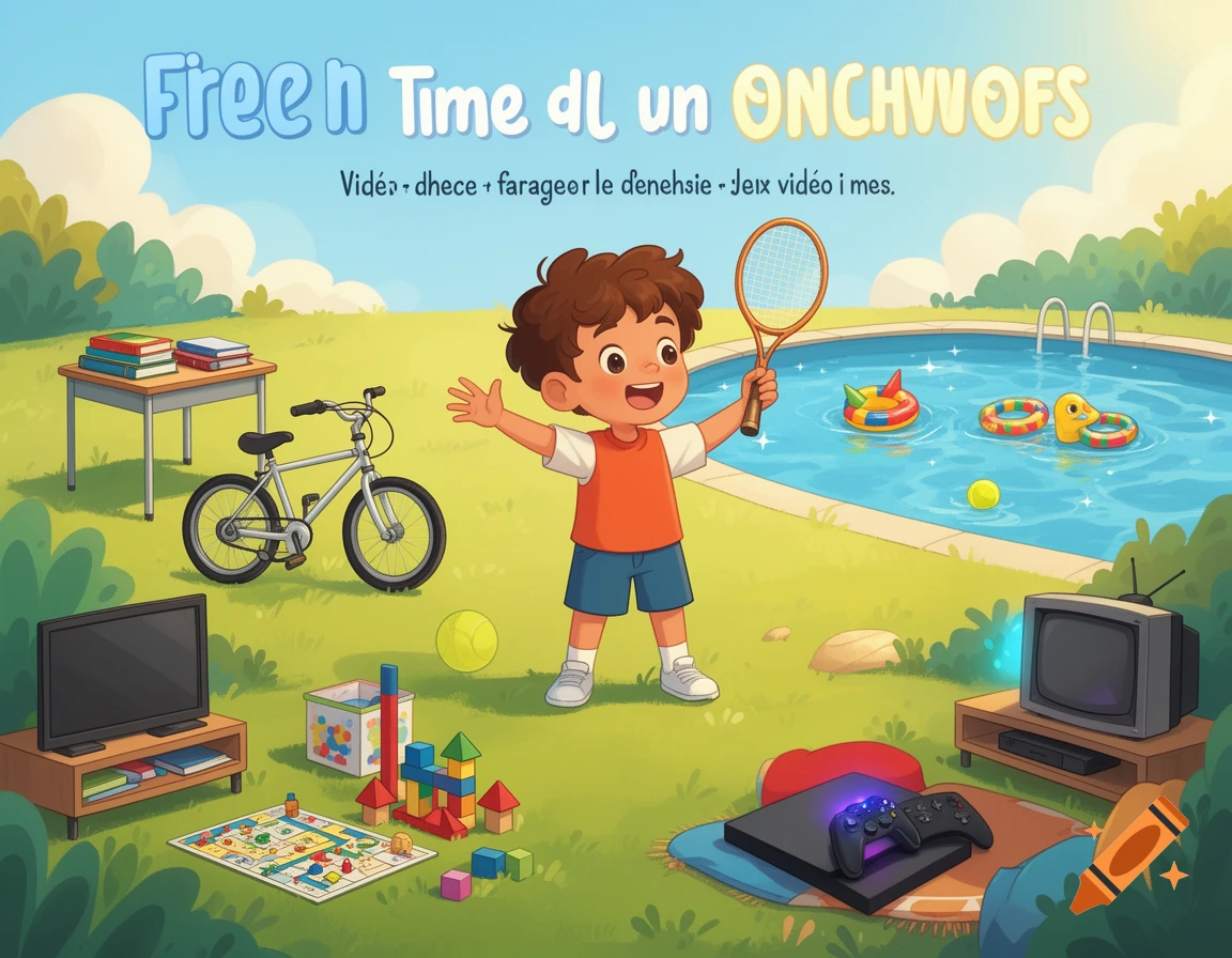 Cartoon illustration of a young boy holding a tennis racket in a backyard with a pool, toys, and video games.