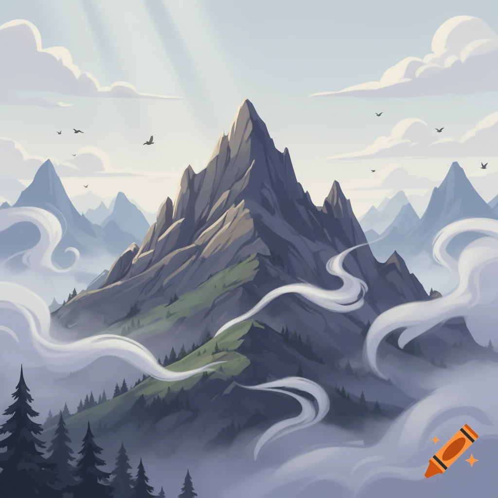 Cartoon style illustration of a tall, mist-covered mountain peak surrounded by pine trees, clouds, and flying birds.