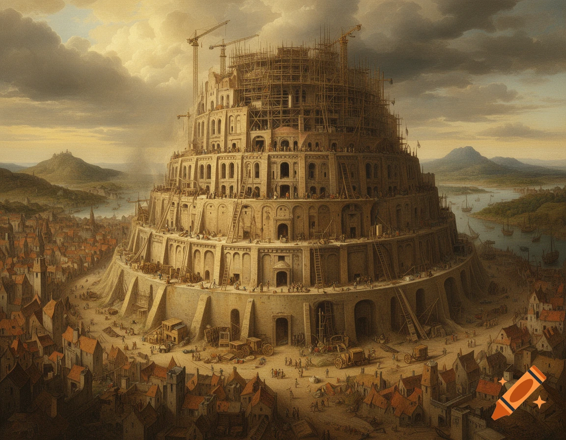 An oil painting in the style of Pieter Bruegel the Elder depicting the massive construction of the Tower of Babel amidst a bustling medieval city.