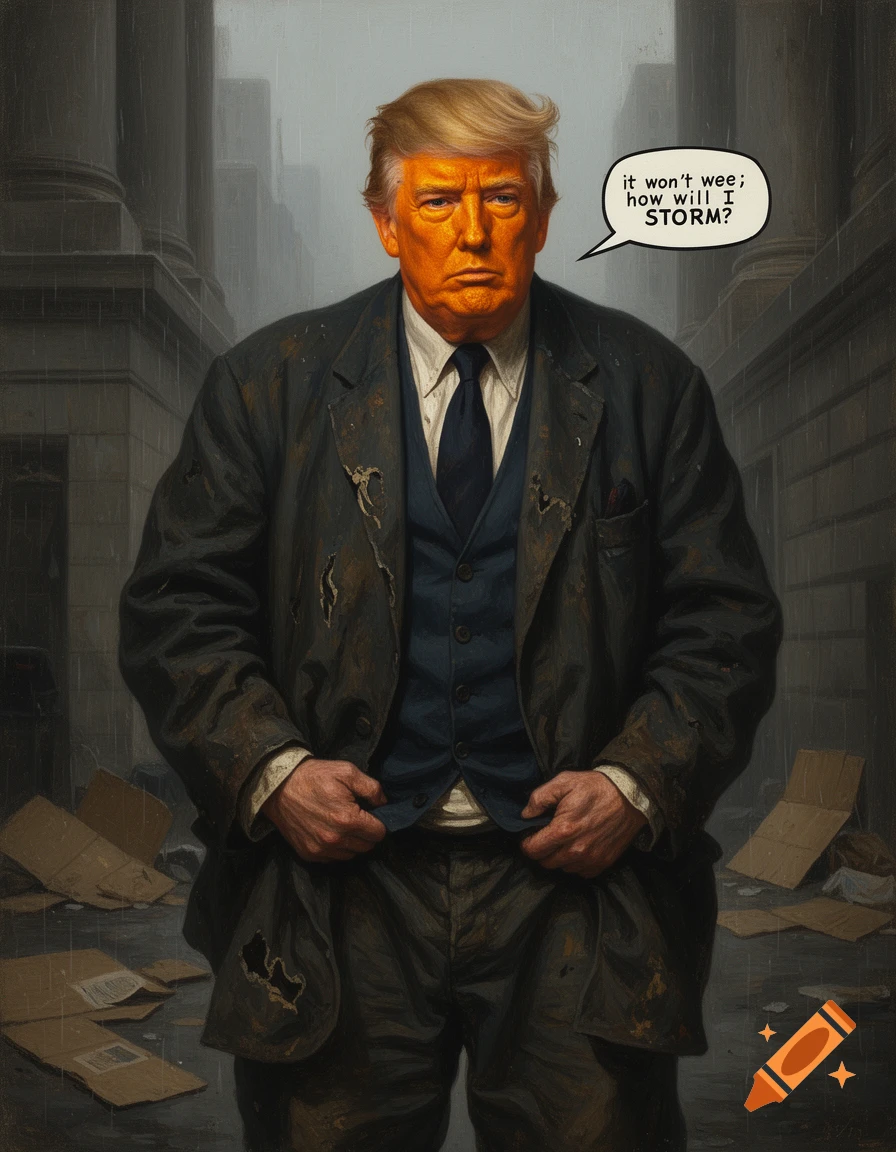 An oil painting of an orange-faced man in a suit standing in an alleyway with cardboard boxes, having a speech bubble with text.