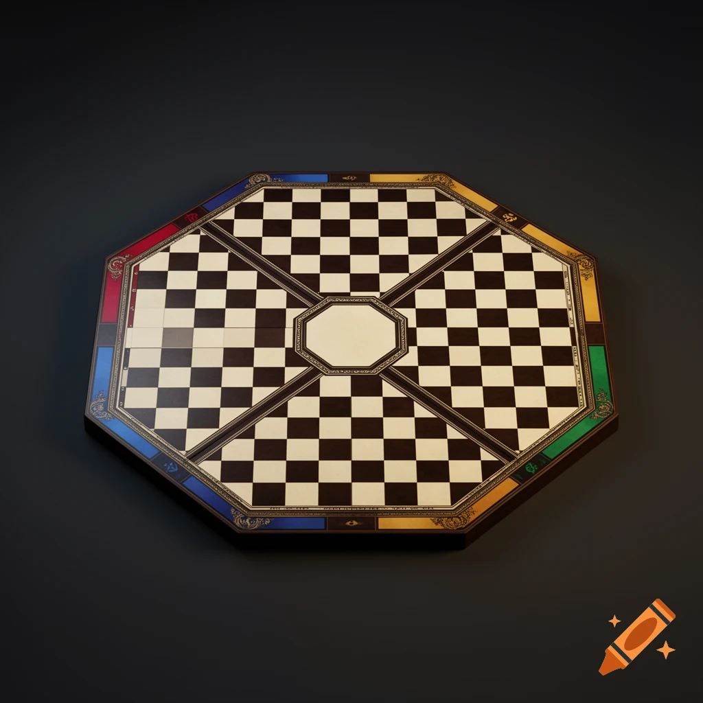 An octagonal four-player chess board with black and white checkered patterns and colored sections, rendered in 3D.